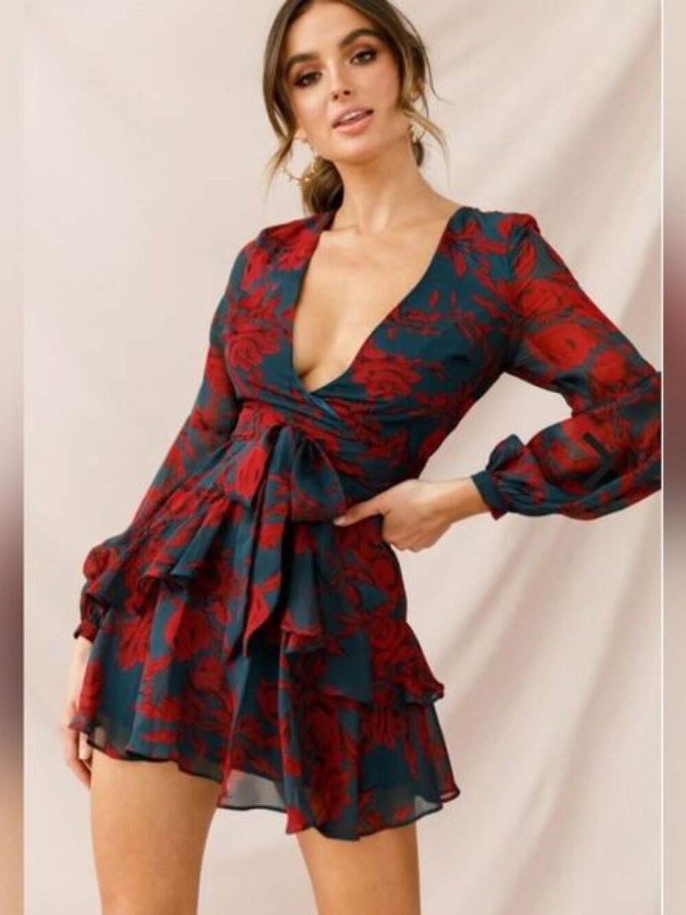 Saints + Secrets Mini Dress Romantic Ruffle V-Neck Floral Sheer Small